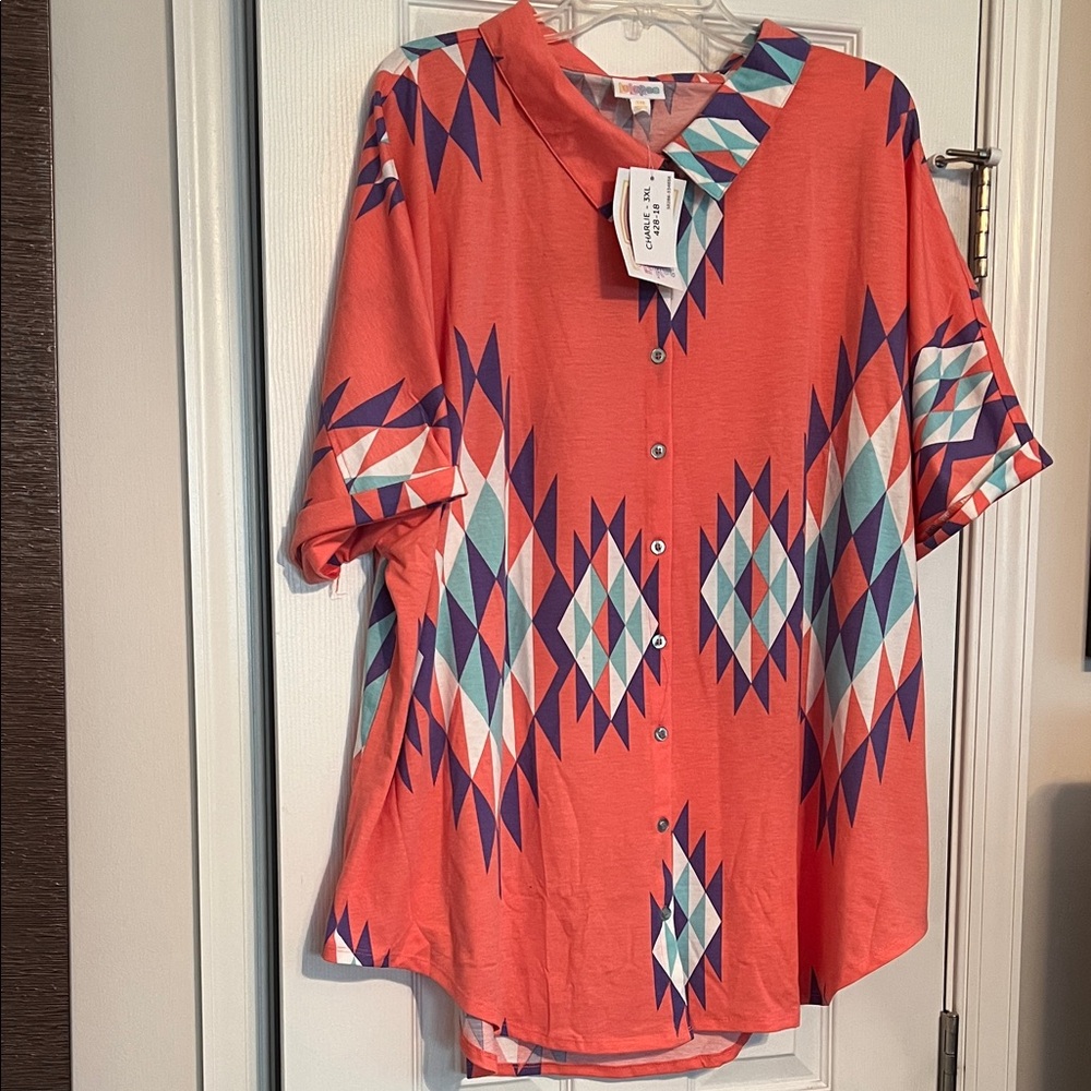 NWT Lularoe Colorful Geometric 3XL Charlie Top - Coral, Teal and Lavender